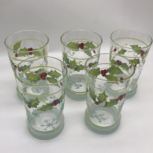 Vintage Christmas Painted/Decorated Clear Glass 16 oz. Tumbler’s—Total of 5 - Picture 6 of 9